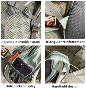 Dettagli dello zaino outdoor con imbottitura in rete, cinghie e tasca laterale elasticizzata