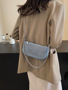 Sparkly light blue denim rhinestone handbag with chunky silver chain strap for women