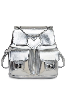 Y2K metallic silver backpack with heart decoration, chain details and front flap pockets