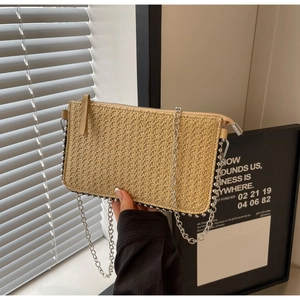 Detailed straw woven crossbody bag with silver bead trim and a thin metal chain strap