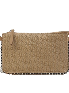 Straw woven crossbody bag with metallic silver studs and chain strap in khaki color