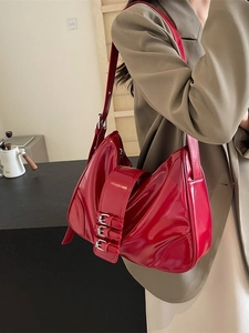 Women Retro Patent Leather Underarm Bag Three Buckle High Gloss Y2K Single Shoulder Bag Trendy Hobo Purse Street Style