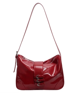 Glossy red faux leather shoulder bag with vintage buckle straps and silver zippers