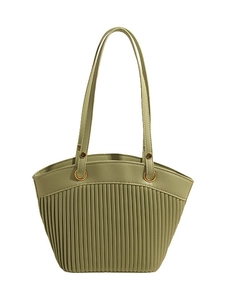 Sage green woven straw shoulder bag with pleats and gold ring metal handles