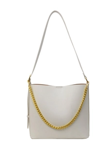 Minimalist white tote bag with gold chain strap and detachable shoulder strap in 2024 style