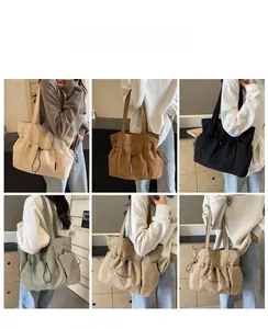 Collage of pleated drawstring tote bags showing six different colors on models