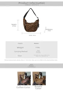 Detailed size specifications and color comparison of leopard print canvas crescent bags