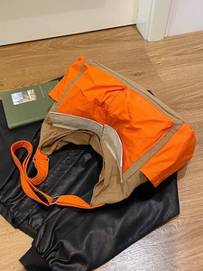 Large capacity nylon messenger bag in orange and khaki patchwork with wide strap