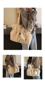 Three-way split view of a beige canvas tote bag with adjustable drawstring pockets