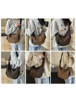 Detailed views of leopard print crescent bag showing crossbody strap and large capacity