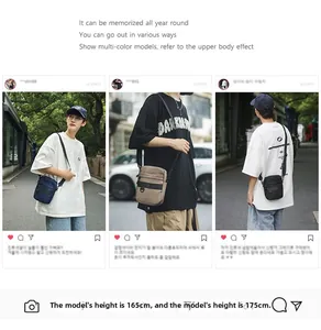 Three men's messenger bags in navy, khaki, and black shown in daily outdoor scenes