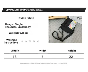 Size chart for black nylon crossbody bag showing dimensions 18x6x22 cm and 0.16kg weight