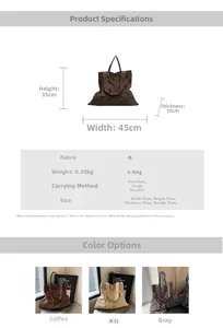 Detailed size guide for large canvas tote bag with 45cm width and fabric specs