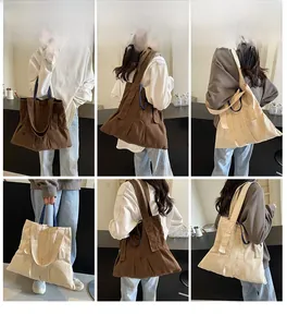 Detailed views of large canvas tote bags in brown and beige with pleated patchwork design