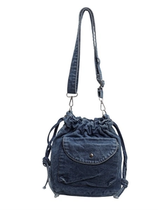 Blauer Denim Kordelzug-Eimerrucksack mit mehreren Taschen und verstellbarem Schultergurt