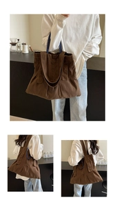 Detailed views of brown canvas tote bag with pleated design and blue contrast handles