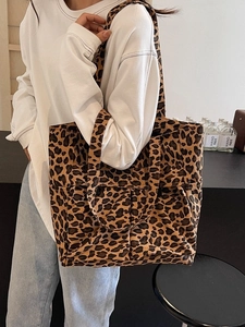 Modische Leopard-Print Canvas-Tragetasche mit zwei Vordertaschen und großem Volumen
