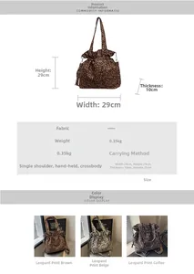 Detailed chart showing size dimensions and weight for the leopard print canvas tote bag