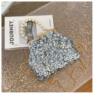 Detailansicht der silbernen Pailletten und des Perlenkoffers dieser luxuriösen Abendtasche