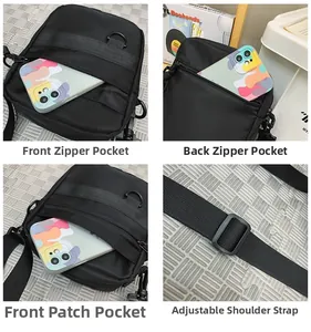 Detail view showing multi-pocket design with waterproof nylon fabric and adjustable strap