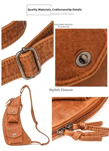 Vue détaillée du sac en cuir PU marron avec bandoulière réglable et détails métalliques
