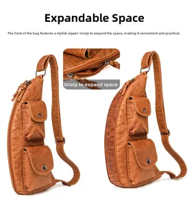 Sac de poitrine en cuir vintage marron avec fermeture éclair extensible et poches avant