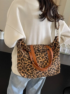Leopard Print Canvas Tote Bag Large Capacity Crossbody Shoulder Bag With Adjustable Strap For Women Casual Shopping Fashion