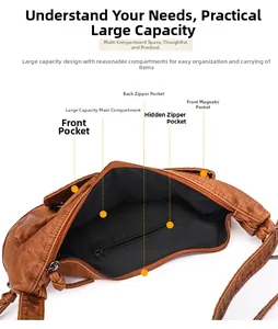 Détail du sac à bandoulière en cuir PU marron montrant les compartiments intérieurs