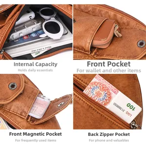 Détails du sac en cuir PU marron montrant les compartiments et la capacité de rangement