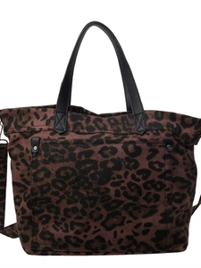 Large leopard print canvas tote bag with black leather handles and spacious interior pockets