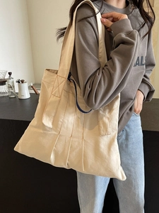 Retro Large Capacity Canvas Tote Bag For Women Trendy Contrast Stitching Shoulder Bag With Denim Handle Pleated Daily Travel Handbag