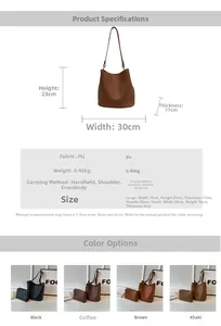 Guide des tailles pour grand sac seau en cuir PU avec dimensions et couleurs