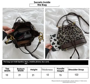 Size chart for leopard print bucket bag showing dimensions and internal storage capacity