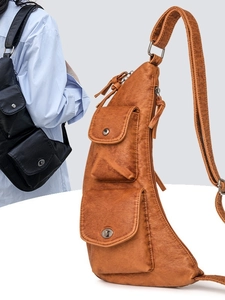 Sac de Poitrine en Cuir PU Vintage pour Femmes Grande Capacité Sac à Bandoulière Extensible Retro Multi Poches Sac à Bandoulière Sac à Bandoulière Décontracté Voyage
