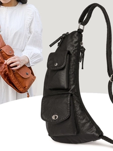 Sac de poitrine vintage en similicuir pour femme avec plusieurs poches et sangle