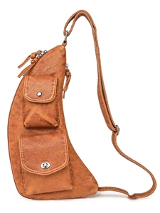 Grand sac de poitrine vintage marron caramel en cuir PU avec bandoulière réglable