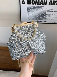 Elegante silberne Pailletten-Abendtasche mit Perlen Griff und goldener Kette für Damen