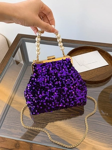 Elegante violette Pailletten-Tasche mit großem Perlenriff und goldener Kette für Damen