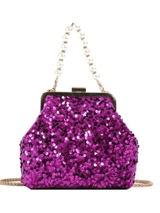Lila Pailletten-Abendtasche mit Perlengriff und goldenem Kettenriemen für Damen