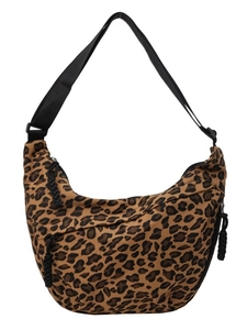Leopard print canvas crescent crossbody bag with adjustable wide strap and zip closure