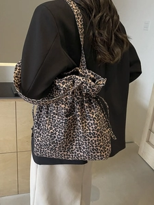 Large capacity leopard print canvas shoulder bag with drawstring closure for women
