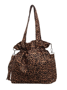 Fashionable leopard print canvas tote bag with drawstring closure and dual shoulder straps