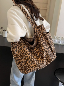 Grande borsa tote in tela con stampa leopardata da donna con tasche laterali e molto spazio