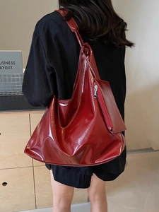 Large capacity burgundy glossy leather tote bag with small zipper pouch for women