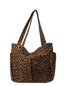 Large leopard print canvas tote bag with spacious side pockets and durable shoulder straps
