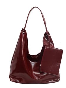 Large capacity burgundy high-gloss patent leather shoulder bag with matching coin pouch