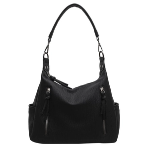 Vintage black grain texture hobo bag with multiple zipper pockets and metallic hardware