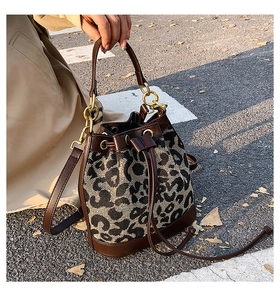 Detail of leopard print canvas bucket bag with brown leather trim and gold handle