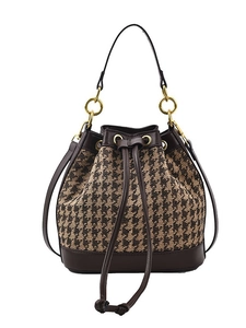 Classic houndstooth bucket bag with brown leather trim and golden drawstring hardware
