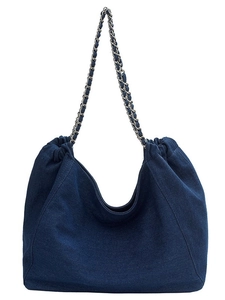 Large capacity dark blue denim tote bag with chain strap and pleated opening for women